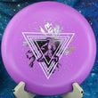 Load image into Gallery viewer, Top view of a Purple Innova JK Pro Aviar putter featuring a White and Silver 2-foil "Neon Astro" Special Edition astronaut stamp on a cosmic blue background.
