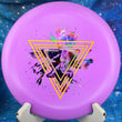 Load image into Gallery viewer, Top view of a Purple Innova JK Pro Aviar putter featuring a Neon Yellow and Multicolor 2-foil "Neon Astro" Special Edition astronaut stamp on a cosmic blue background.
