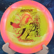 Load image into Gallery viewer, Pink and yellow Halo Champion Shryke disc golf driver, 2026 Jessica Gurthie Champion Series tour stamp with red holo foil.
