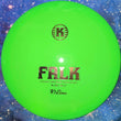 Load image into Gallery viewer, Top view of a Poison Green Kastaplast Falk fairway driver in K1 Line plastic with a Gold Shimmer holographic stamp on a cosmic blue background.
