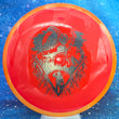 Load image into Gallery viewer, Orange Swirl Rim and Red Neutron Plastic Axiom Simon Line Bokeh Unearthed Stamp - 173g - Dark Stars Stamp.
