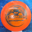 Load image into Gallery viewer, Orange Z Line Plastic Discraft Terminator First Run - 174g - Black Geometric Circles Stamp.

