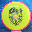 Load image into Gallery viewer, Pink Swirl Rim and Neon Yellow Neutron Plastic Axiom Simon Line Bokeh Unearthed Stamp - 174g - Dark Stars Stamp.
