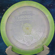 Load image into Gallery viewer, Pre-Owned White and Lime Bottom Stamp Missy Gannon ESP Swirl Plastic Discraft Thrasher - 9/10 Condition - 174g - Inked.
