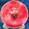 Load image into Gallery viewer, Top view of a Red and Yellow swirl Prodigy A2 approach disc in 400 Spectrum plastic with a Gold and Red Holographic 2-foil "Throwing Astro" Special Edition stamp.
