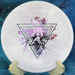 Load image into Gallery viewer, Top view of a White and Purple swirl Prodigy A3 approach disc in 500 Spectrum plastic featuring a Purple and Blue 2-foil "Neon Astro" Special Edition astronaut stamp.
