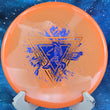Load image into Gallery viewer, Top view of a Neon Orange Prodigy A5 approach disc in 400 Ultra Soft plastic featuring an Orange Holographic and Blue Shimmer 2-foil "Throwing Astro" Special Edition astronaut stamp.
