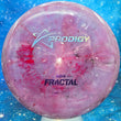 Load image into Gallery viewer, New Prodigy M4 Midrange Disc in 400 Fractal Plastic - Red, Purple, and White Swirl with Purple and Silver Shimmer Stamp.
