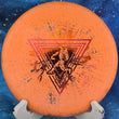 Load image into Gallery viewer, Top view of an Orange and Black marbled Prodigy PA5 understable putter in 300 Soft Fractal plastic featuring an Orange and Red Holographic Circles 2-foil "Throwing Astro" Special Edition astronaut stamp.
