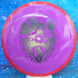 Load image into Gallery viewer, Red Swirl Rim and Purple Neutron Plastic Axiom Simon Line Bokeh Unearthed Stamp - 173g - Dark Stars Stamp.
