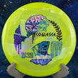 Load image into Gallery viewer, New Neon Yellow Thought Space Athletics Coalesce in Premium Aura Plastic - Purple, Aqua Holo, and Gold Holo Tri-Foil Stamp - 167g.

