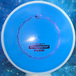 Load image into Gallery viewer, White Plastic with Blue Rim Latitude 64 Pure Project ChainGrip Stamp - 173g - Pink Holographic Stamp.
